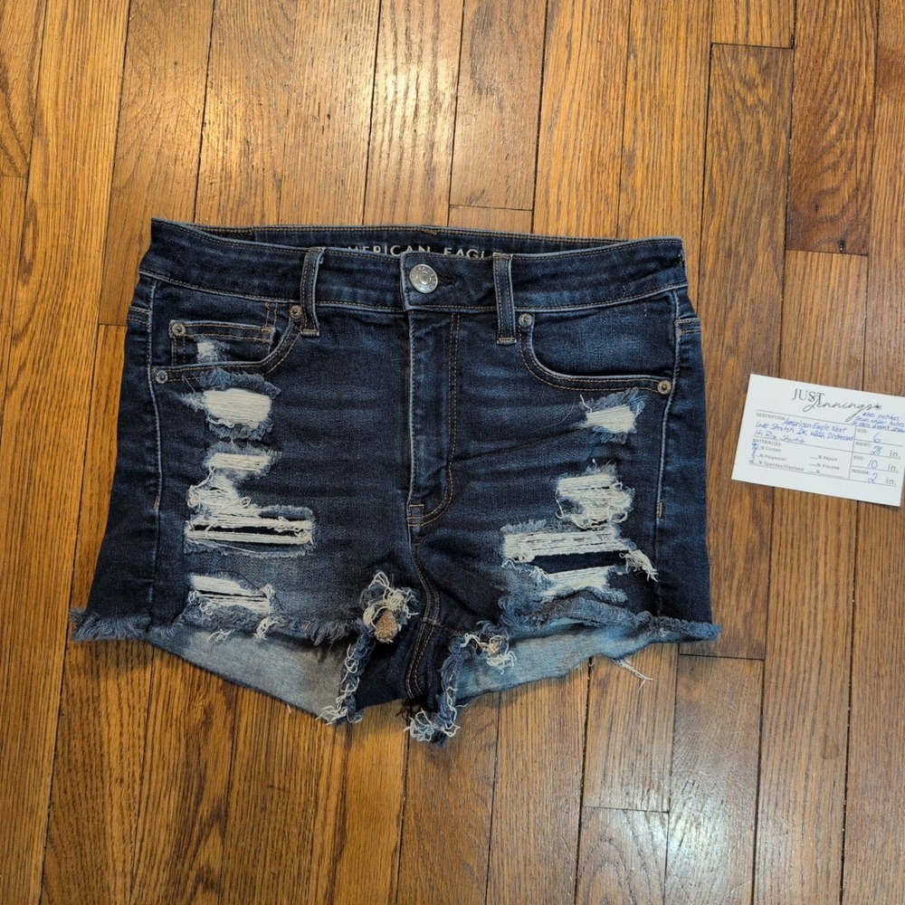 American Eagle Next Level Stretch Hi-Rise Shortie Dark Distressed Denim Shorts 6